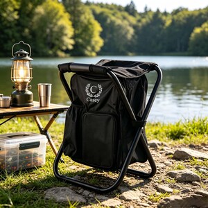 May include: A black folding stool with an integrated storage bag featuring the name Casey and a laurel wreath emblem printed in white. The stool has a sturdy metal frame and a fabric seat, designed for outdoor use with a compact, portable structure.