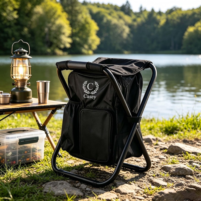 May include: A black folding stool with an integrated storage bag featuring the name Casey and a laurel wreath emblem printed in white. The stool has a sturdy metal frame and a fabric seat, designed for outdoor use with a compact, portable structure.