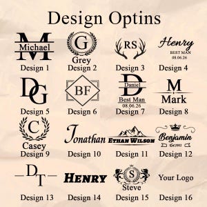 May include: A collection of sixteen black graphic design options for custom engraving, labeled Design 1 through Design 16. The options feature various monograms, names, dates, and symbols such as laurel wreaths, antlers, mountains, and crowns.