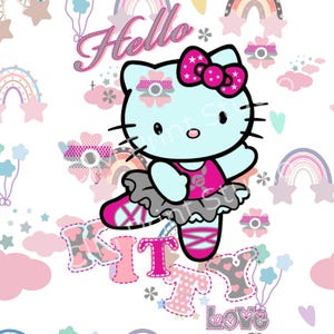 May include: A light blue cartoon cat character with a pink bow, wearing a pink leotard and gray tutu, is featured in a repeating pattern. The word "Hello" is above the character, and the word "Kitty" is below. The background includes rainbows, stars, and flowers.
