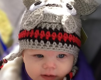 Crochet Bulldog Hat Earflap or Beanie Style Newborn to Adult sizes Red and Black UGA or MSU Mascot Winter Cap Custom Color options available