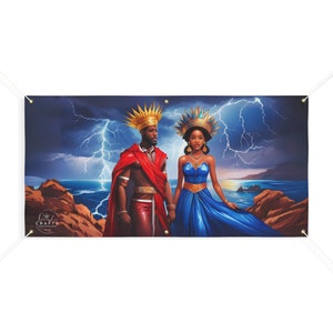 Chango & Yemaya Matte Banner, Panel, Panel de Santo, Imagen de Yemaya, Imagen de Chango, Oni Oni, Orishas, Deidades Africanas, Yoruba, Lukumi
