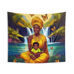 Orishas Oshun & Ideu Indoor Wall Tapestry Polyester, waterfall, Sunflower Home Altar Decor, Yoruba Tapestry, Afro-Caribbean, Paño de trono