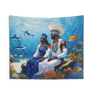 Yemaya and Olokun Indoor Wall Tapestry Polyester, Altar Decor, Yoruba, Tela de Santo, Afro-Caribbean, African, Paño de trono, Yemoja