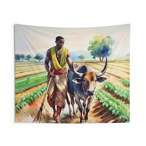 Orisha Oko Indoor Wall Tapestry Polyester, Altar Decor, Yoruba, Tela de Santo, Afro-Caribbean, African, Paño de trono, Farm, Ox, Plow