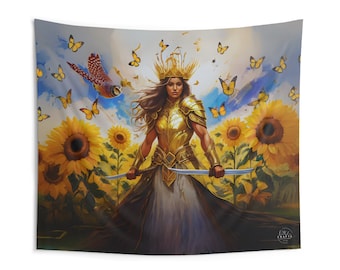 Tapiz de Oshun: Diosa del río Yoruba, decoración de altar con girasoles