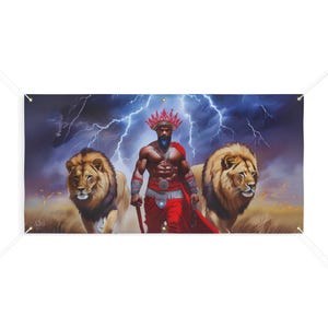 May include: A powerful, muscular figure wearing a red and gold crown and red clothing stands between two lions. The background is a stormy sky with lightning bolts.
