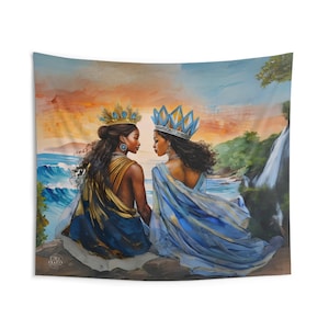 Oshun & Yemaya Indoor Wall Tapestry Polyester, River Goddess, Altar Decor, Yoruba, Tela de Santo, Afro-Caribbean, African, Paño de trono