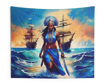 Orisha Yemaya Okute Indoor Wall Tapestry Polyester, Altar Decor, Yoruba, Tela de Santo, Afro-Caribbean, African, Paño de trono, Yemoja Okuti