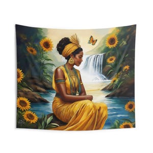 Orisha Oshun Indoor Wall Tapestry Polyester, waterfall, Sunflower Home Altar Decor, Yoruba Tapestry, Afro-Caribbean, Paño de trono
