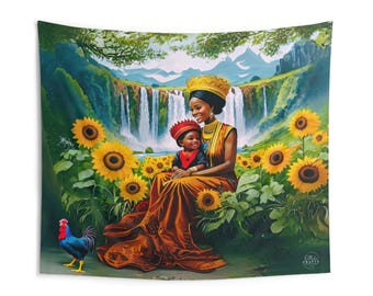Orishas Oshun & Elegua Indoor Wall Tapestry Polyester, waterfall, Sunflower Home Altar Decor, Yoruba Tapestry, Afro-Caribbean, Paño de trono