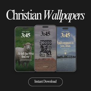 May include: Three phone screen wallpapers with Christian themes. The first wallpaper features a white sheep with the text "He left the 99 to find me". The second wallpaper features a black and white illustration of a cowboy riding a horse with the text "Jesus, ride me on the wild ride". The third wallpaper features a landscape with a lake and the text "I put my trust in you, Jesus".