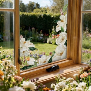 May include: A wooden window frame with a view of a garden, adorned with large white magnolia flower decals. The decals have green leaves and are placed around the window. A black object sits on the windowsill.