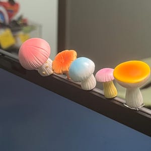 Op de afbeelding: Een rij kleurrijke decoratieve items in de vorm van paddenstoelen. De paddenstoelen hebben verschillende kleuren, waaronder roze, oranje, blauw en geel. Ze zijn in een rij gerangschikt, waarbij elke paddenstoel een uniek ontwerp en kleurcombinatie heeft.