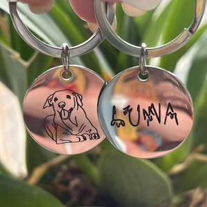 May include: Two round, silver dog tags attached to keyrings. One tag features a black line drawing of a dog. The other tag has the name "LUNA" in black lettering. The background is blurred green.