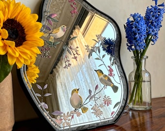 Spring Garden Mirror Decor - Green Vintage Floral Tabletop Art - Botanical Shelf Accent