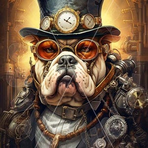 May include: Digital artwork of a bulldog in steampunk style. The dog is adorned with a top hat featuring pocket watches, goggles, and a complex mechanical harness. The image uses gold, brown, and bronze hues, with a detailed background.
