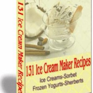 以下が含まれることがあります： 「131 Ice Cream Maker Recipes」というタイトルの本で、ガラスのボウルに入ったアイスクリームの写真が掲載されています。表紙には、ウエハース、ココナッツ半分、シナモンスティックが入ったアイスクリームが写っています。本の背表紙にもタイトルが表示されています。