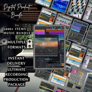 May include: A digital product bundle with the text "Digital Product Bundle" and "3000+ ITEMS MUSIC BUNDLE." The image shows multiple tablets displaying music production software interfaces, with a mixing console and speakers in the background.