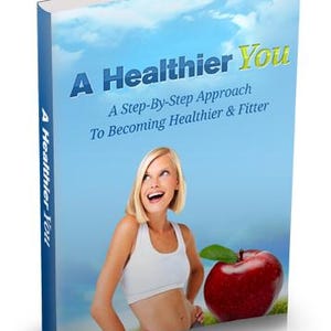 Könnte beinhalten: Ein Buchcover mit dem Titel "A Healthier You" vor einem blauen Himmel. Es zeigt eine Frau in einem weißen Sport-BH und einen roten Apfel. Der Buchrücken zeigt ebenfalls den Titel "A Healthier You".