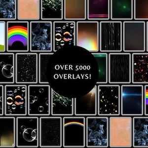 Pode incluir: Uma grade de sobreposições de arte digital, cada uma emoldurada em branco. As sobreposições apresentam diversos efeitos visuais, incluindo arco-íris, bolhas, fumaça e brilhos de luz. Um círculo preto no centro exibe o texto "OVER 5000 OVERLAYS!"