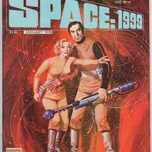 May include: A vintage comic book cover titled "SPACE: 1999" with the date January 1976. The cover features two people in orange jumpsuits, one holding a futuristic weapon. The background is a red and orange space-themed design.