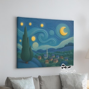 Póster de Vincent Van Gogh, estilo kawaii, estética suave de noche estrellada, parodia de pared, decoración de pared azul de cueva de hombre para el hogar o la oficina.