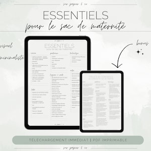 Peut inclure: Une liste de contrôle imprimable numérique pour les articles essentiels à emballer dans un sac d'hôpital pour une nouvelle mère. La liste de contrôle est divisée en catégories telles que "Bébé", "Hygiène et soi", "Partenaire" et "Autre". La liste de contrôle est intitulée "Essentiels pour le sac de maternité".