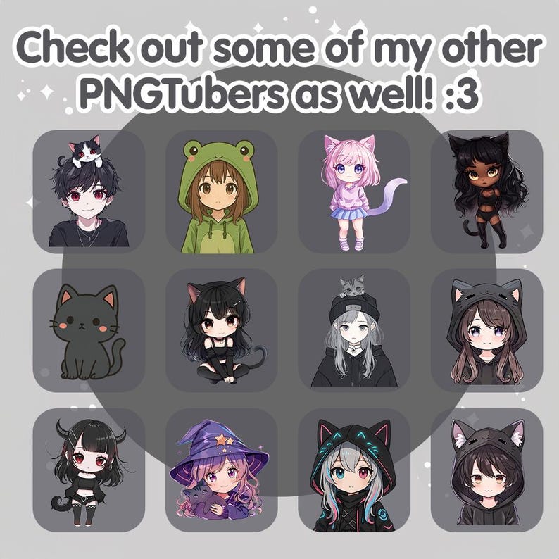 Chibi Black Catgirl PNGTuber Model: Kawaii Premade Streaming Hoodie Kitty Avatar (Digital Download) image 4