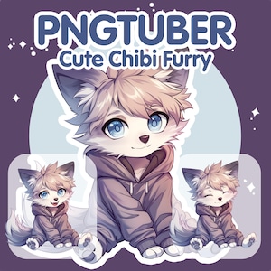 Puede incluir: Un personaje de dibujos animados lindo y peludo, de tipo chibi, con ojos azules y pelaje blanco, que lleva una sudadera gris. El personaje está sentado con las piernas cruzadas y tiene una expresión feliz. La imagen está sobre un fondo azul claro con estrellas.