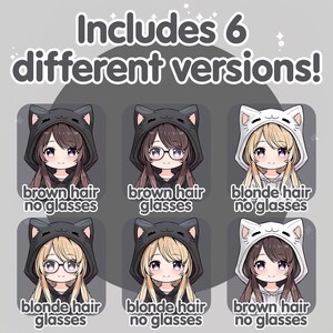 May include: Six digital illustrations of a cartoon character with different hair colors and glasses. The character has brown hair with no glasses, brown hair with glasses, blonde hair with no glasses, blonde hair with glasses, blonde hair with no glasses, and brown hair with no glasses.