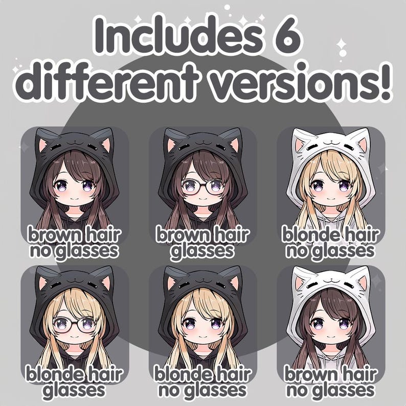 May include: Six digital illustrations of a cartoon character with different hair colors and glasses. The character has brown hair with no glasses, brown hair with glasses, blonde hair with no glasses, blonde hair with glasses, blonde hair with no glasses, and brown hair with no glasses.