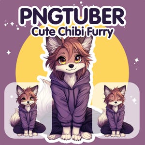 May include: A cute chibi furry fox wearing a purple hoodie. The fox is sitting with its paws crossed and has a happy expression on its face. The background is a yellow and purple gradient.