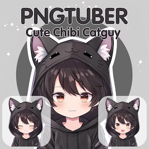 かわいい CatGuy 男性 PNGTuber モデル | かわいいちびアバター | Twitch 対応 | Streamlabs | 猫キティウルフ | ストリーミング | OBS | 既製の PNG チューバー