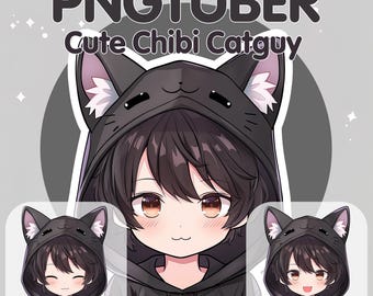 May include: A cute chibi cat-themed character with black hair, wearing a black hoodie with cat ears and a white face. The character has large brown eyes and a small smile. The text "PNGTUBER Cute Chibi Catguy" is above the character.