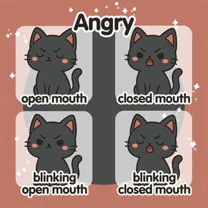 May include: An illustration of an angry black cat with four different expressions: open mouth, closed mouth, blinking open mouth, and blinking closed mouth. The word "Angry" is at the top of the image.
