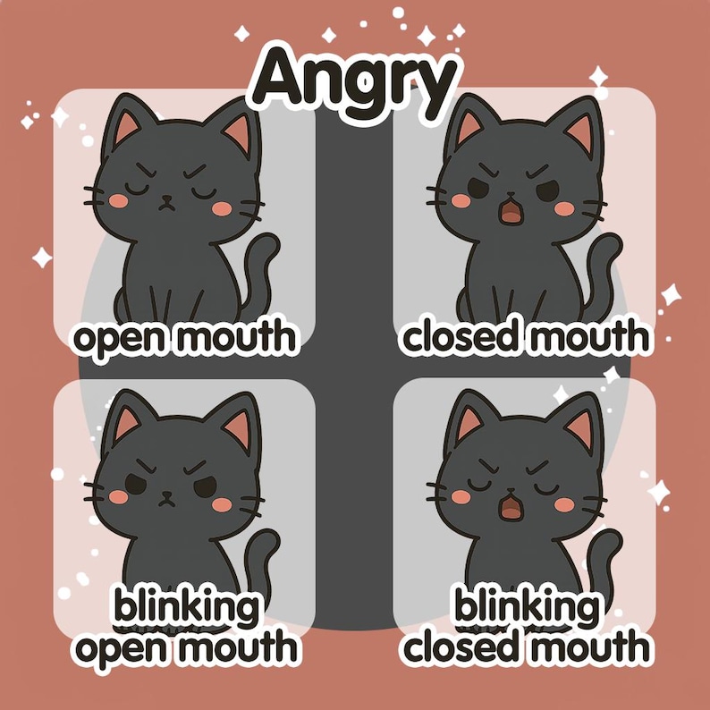 May include: An illustration of an angry black cat with four different expressions: open mouth, closed mouth, blinking open mouth, and blinking closed mouth. The word "Angry" is at the top of the image.