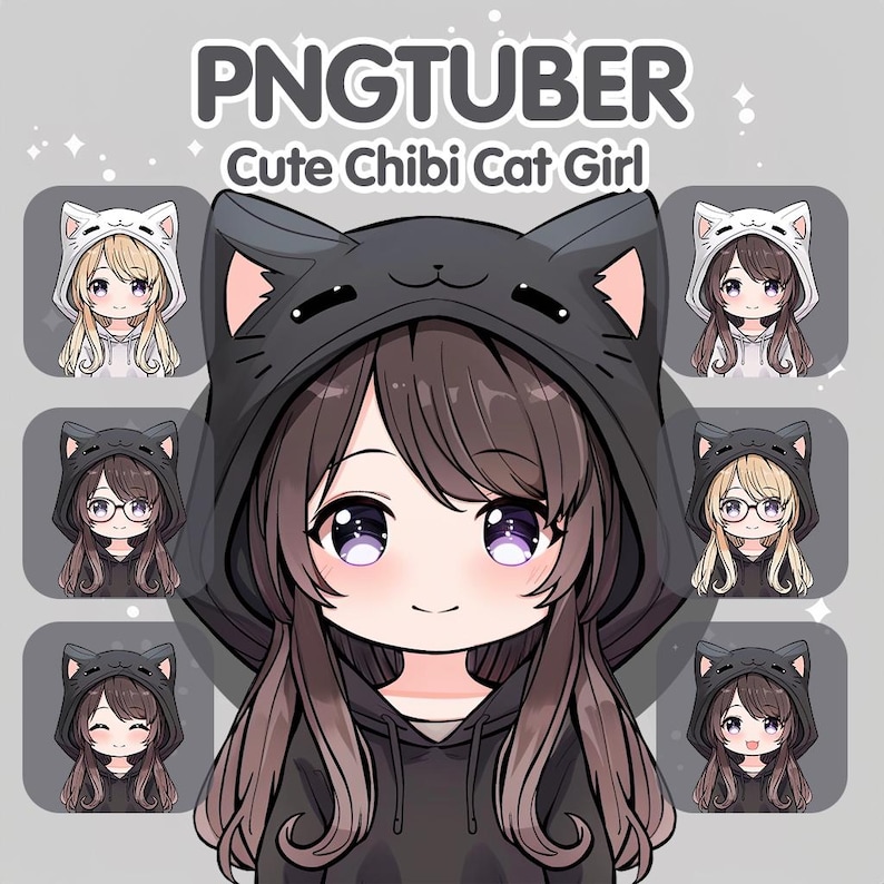 May include: A digital illustration of a cute chibi cat girl with brown hair wearing a black hoodie with cat ears. The girl has purple eyes and a sweet smile. The image is surrounded by eight smaller images of the girl with different expressions and hair colors.