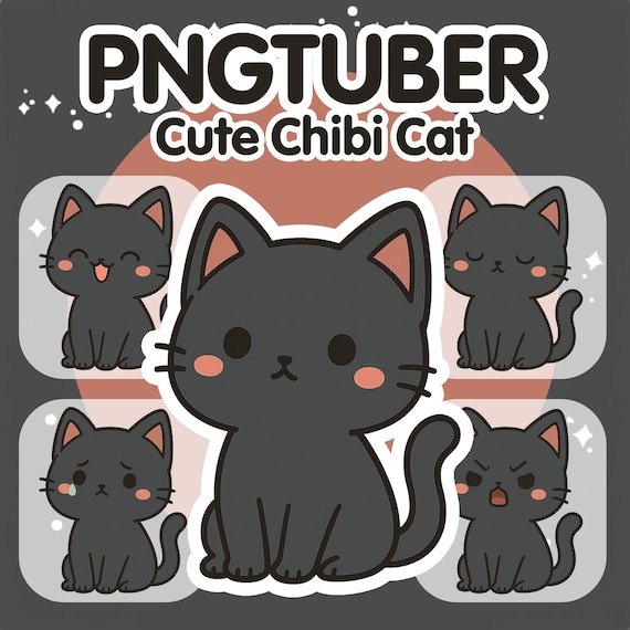 Chibi Black Cat PNGTuber Model: Kawaii Kitty Streaming Avatar Twitch TikTok Streamlabs (Digital Download)