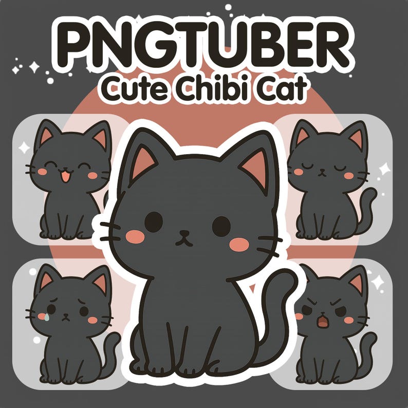 May include: A digital illustration featuring a black chibi cat with pink inner ears and cheeks. The image includes the text "PNGTUBER" and "Cute Chibi Cat". The cat is depicted in various emotional states, including happy, sad, and angry.