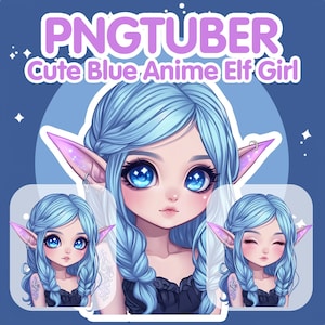 Puede incluir: Arte digital de una linda chica elfa anime azul con grandes ojos azules, cabello largo azul y orejas puntiagudas. La imagen incluye el texto "PNGTUBER" y "Cute Blue Anime Elf Girl". La chica elfa lleva un top negro.