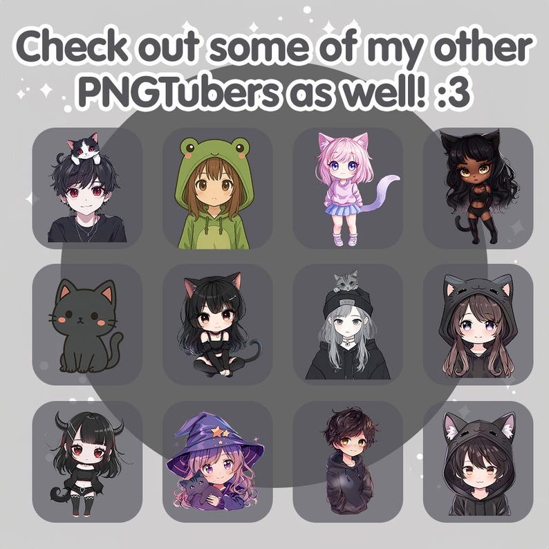 May include: A collection of cartoon avatars, each with unique designs. The avatars include characters with cat ears, frog hoodies, and witch hats. The text at the top reads "Check out some of my other PNGTubers as well! :3".