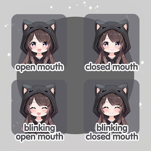May include: Four digital illustrations of a cartoon character with brown hair wearing a black hooded sweatshirt with cat ears. The character has different facial expressions: open mouth, closed mouth, blinking open mouth, and blinking closed mouth.
