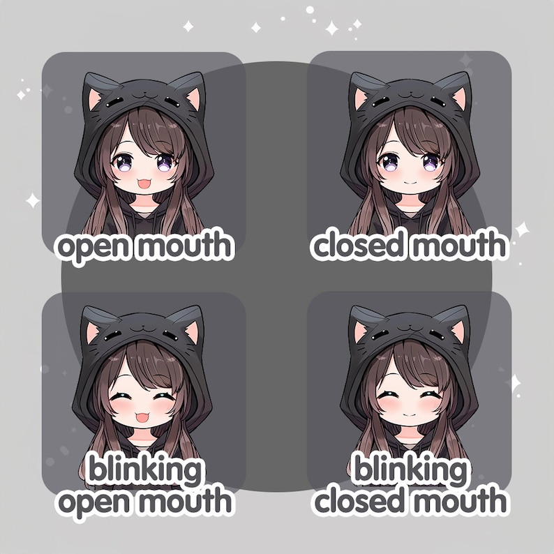 May include: Four digital illustrations of a cartoon character with brown hair wearing a black hooded sweatshirt with cat ears. The character has different facial expressions: open mouth, closed mouth, blinking open mouth, and blinking closed mouth.