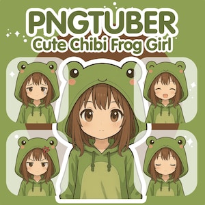 Puede incluir: Ilustración digital de una linda chica chibi con una sudadera con capucha de rana verde. La imagen incluye el texto "PNGTUBER" y "Cute Chibi Frog Girl". Se muestran varias expresiones faciales de la niña.