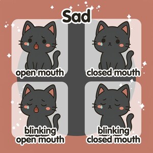May include: A digital illustration featuring four panels of a sad black cat with different expressions. The word "Sad" is at the top. The cat's mouth is open or closed, and it is either blinking or not. The background is a light orange color.