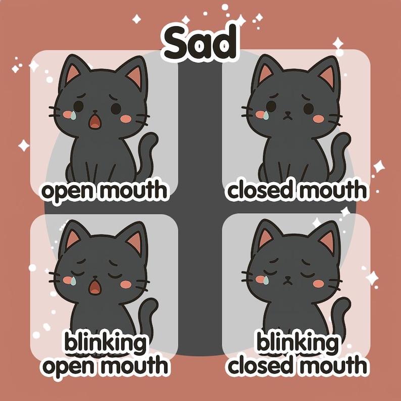 May include: A digital illustration featuring four panels of a sad black cat with different expressions. The word "Sad" is at the top. The cat's mouth is open or closed, and it is either blinking or not. The background is a light orange color.