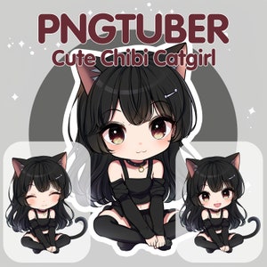 ちび猫娘 PNGTuber モデル | かわいい子猫娘アバター | Twitch 対応 | Streamlabs | 黒の衣装 | ストリーミング | OBS | 既製の PNG チューバー