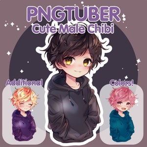 May include: A digital illustration of a cute chibi character with black hair, wearing a black hoodie. The character has yellow eyes and a slight smile. The image also includes two additional chibi characters with different coloured hair and hoodies.