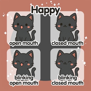 May include: A square graphic with four panels, each featuring a cartoon black cat with pink cheeks. The top panels read "Happy" in white text. The bottom panels show the cat with open and closed mouths, and blinking with open and closed mouths.